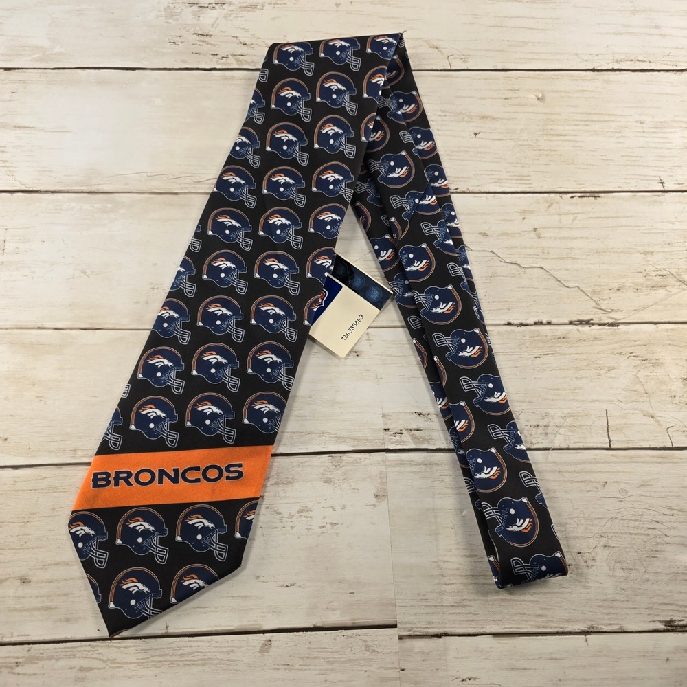 NFL Team Apparel Denver Broncos Mens Navy Blue Orange Helmet Pattern Necktie NWT